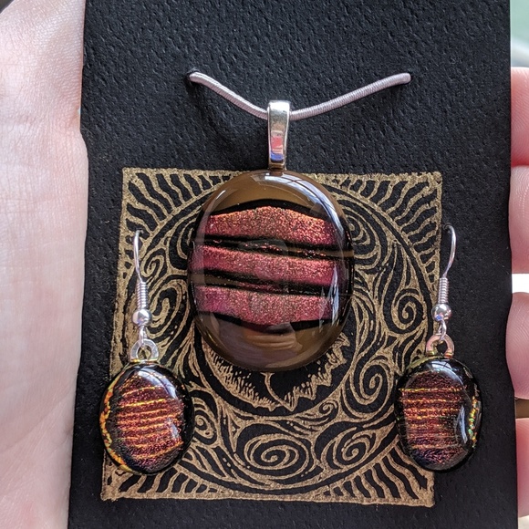 Brown&Gold SoftGlass Dichroic Pendant/Earring set - Picture 2 of 6